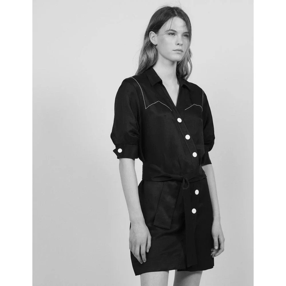 Sandro Paris Kunga Women's Black Snap Front Viscose Linen Dress Size 40/LG - Picture 1 of 13